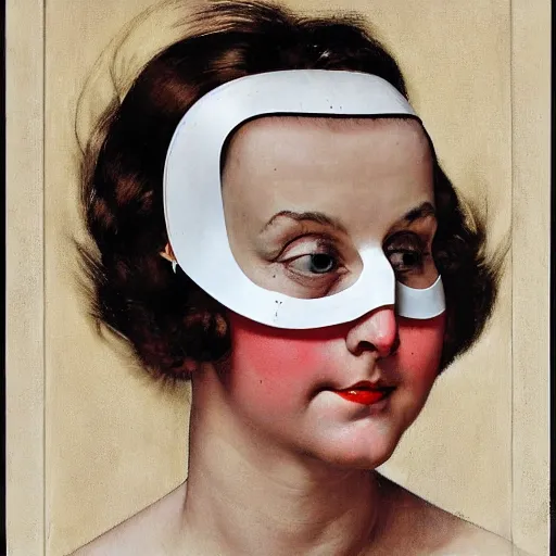 Prompt: frontal portrait of a woman with a white plastic theater mask, by norman rockwell