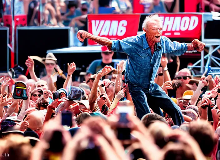 Prompt: photo still of clint eastwood on stage at vans warped tour!!!!!!!! at age 6 8 years old 6 8 years of age!!!!!!!! stage diving into the crowd, 8 k, 8 5 mm f 1. 8, studio lighting, rim light, right side key light