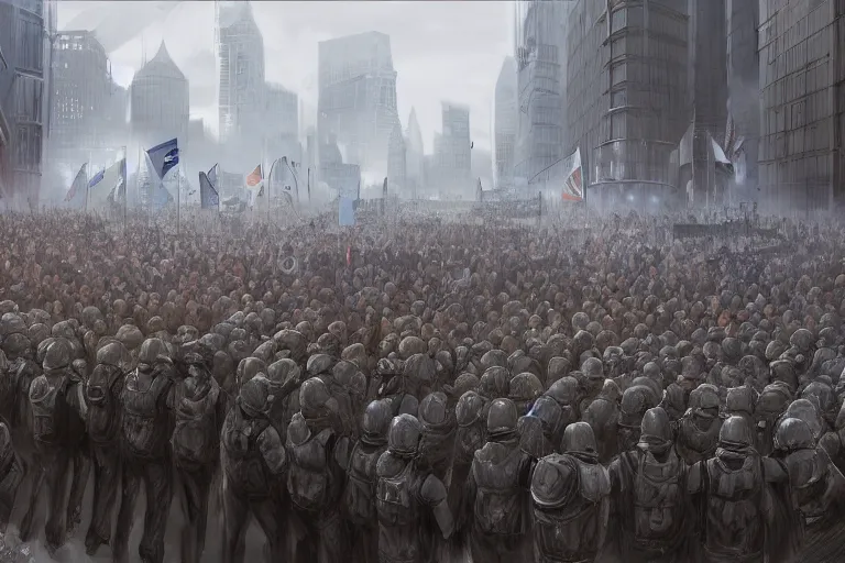 Image similar to police lined up, standing against the crowd of protesters with blank posters, сlear sky, concept art, intricate details, highly professionally detailed, cgsociety, highly detailed -