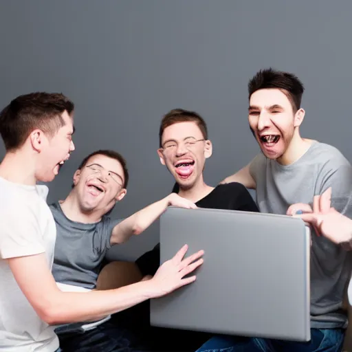 Image similar to several guys typing on keyboard while laughing very hard, mouth wide open tsticking tongues out, studio light, grey background, photorealsitic