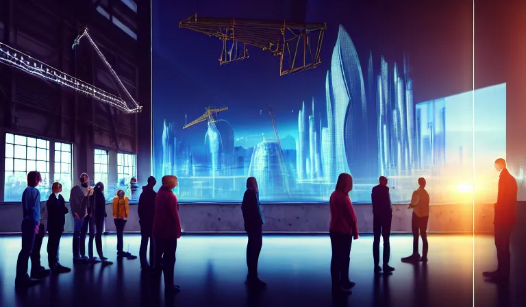 Image similar to group of people in simple warehouse, looking at hologram of futuristic city on a table, cinematic concept art, godrays, golden hour, natural sunlight, 4 k, clear details, tabletop model buildings, center model buildings, hologram center, crane shot, crane shot, crane shot