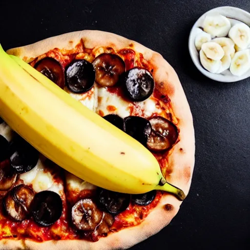 Prompt: a photo a whole unpeeled banana on top of a pizza, food photo, professional food photo, iphone, whole banana, 4 k