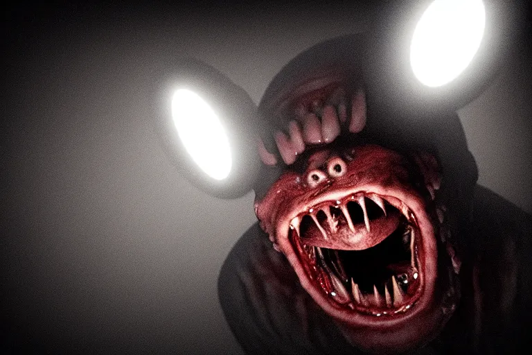 Prompt: A vile creature in the dark is illuminated by a flashlight, scary scene, top horrible creatures, horrible, horrors filmed on camera, fangs and drool, jaw and tongue, man is terrified, fear, darkness, basement, 8k, hyper-realistic, ray tracing, night, flashlight