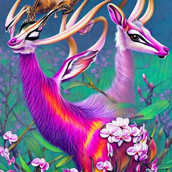 Image similar to extremely psychedelic gazelle made of orchid and cherry blossom tree and mushroom, LSD, diffuse lighting, fantasy, intricate, elegant, highly detailed, lifelike, photorealistic, digital painting, artstation, illustration, concept art, smooth, sharp focus, art by John Collier and Albert Aublet and Krenz Cushart and Artem Demura and Alphonse Mucha