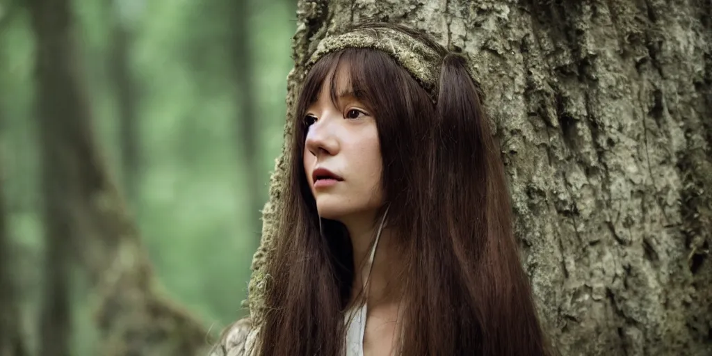 Prompt: close up portrait of woman, forest background, long brown hair, shallow depth of field, cloth, princess mononoke, 4 k, greg rutkowski, high detail, dramatic lighting, sunset, hayao miyazaki, masashi ando, nizou yamamoto, kazuo oga, joe hisaishi, yoji takeshige, naoya tanaka