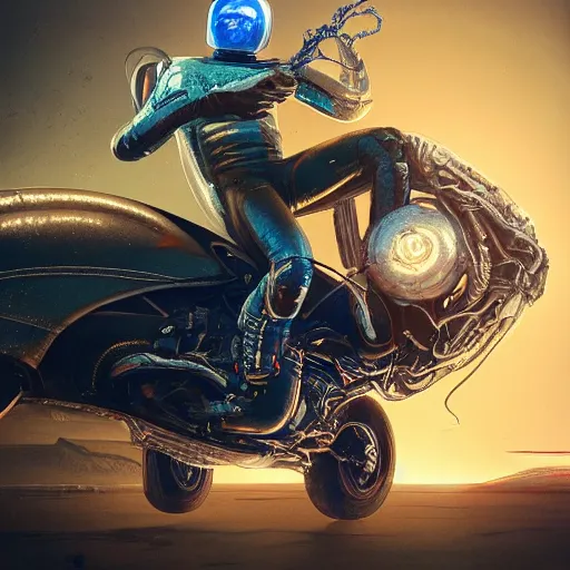 Image similar to portrait of a squid monster astronaut riding in a ford pinto, route 66, full body portrait, well lit, intricate abstract. cyberpunk, intricate artwork, by Tooth Wu, wlop, beeple. octane render, trending on artstation, greg rutkowski very coherent symmetrical artwork. cinematic, hyper realism, high detail, octane render, 8k, minimalistic, hyperrealistic surrealism, award winning masterpiece with incredible details, a surreal vaporwave liminal space, highly detailed, trending on ArtStation