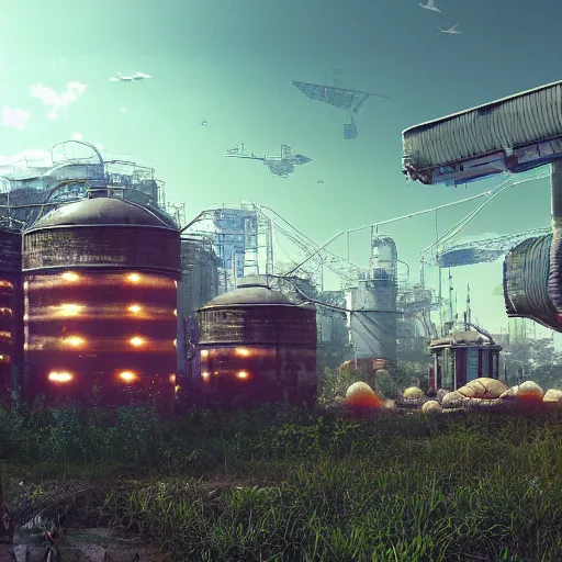 Prompt: fully detailed landscape of a cyberpunk farm , watertank, futuristic tractors, farmhouse, mushroom, overgrowth, Ai , in the future, high quality, 8k , octane render, trending on artstation , greg rutowski