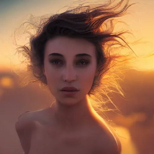 Image similar to closeup portrait of a stunningly beautiful female, silk in the wind at sunset, fashion photoshoot, by edward robert hughes, annie leibovitz and steve mccurry, david lazar, jimmy nelsson, breathtaking, 8 k resolution, extremely detailed, beautiful, establishing shot, artistic, hyperrealistic, beautiful face, octane render