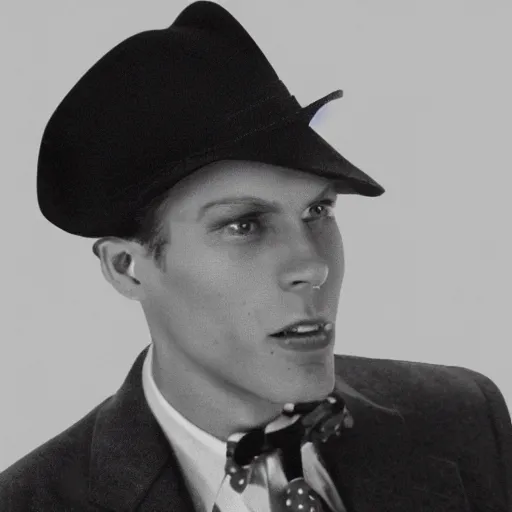 Image similar to A photograph portrait of Jerma985 wearing a suit with and fedora in the 1950s, taken in the early 1950s, grainy, taken on a 1950s Kodak Camera, realistic, hyperrealistic, very realistic, highly detailed, very detailed, extremely detailed, detailed, digital art, trending on artstation