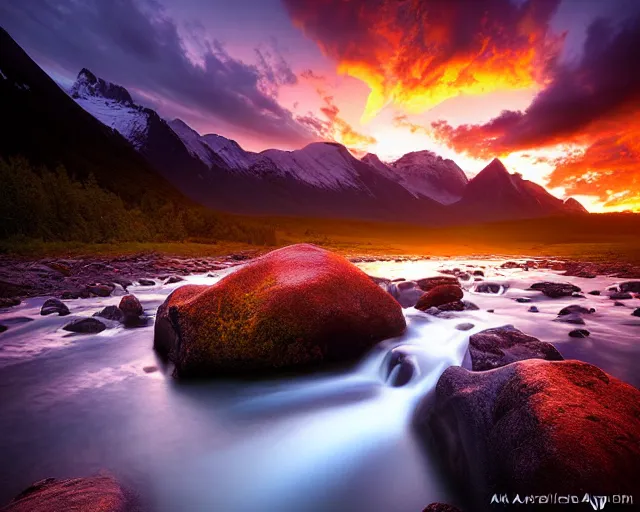 Image similar to landscape photography by marc adamus, stream, sunset, dramatic lighting, mountains, clouds, beautiful