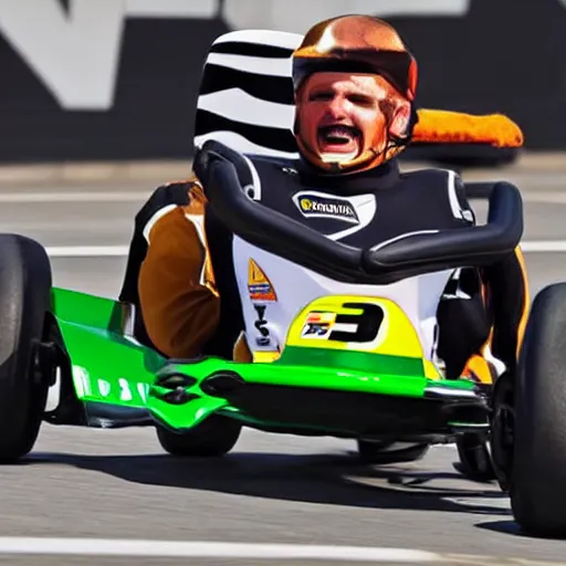 Image similar to jair bolsonaro racing a go kart in a race track