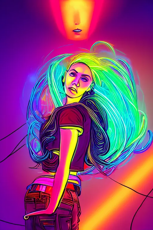 Image similar to a award winning half body portrait of a beautiful woman with stunning eyes in a croptop and cargo pants with rainbow colored ombre hairstyle head in motion and hair flying by thomas danthony, outlined by whirling illuminated neon lines, outrun, vaporware, shaded flat illustration, digital art, trending on artstation, highly detailed, fine detail, intricate