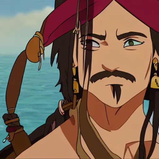 Prompt: Jack Sparrow as an anime character from Studio Ghibli. Extremely detailed. Beautiful. 4K.