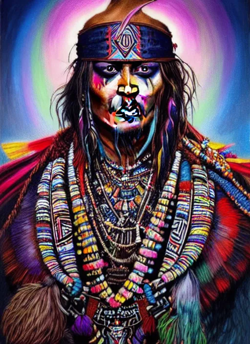 Image similar to portrait of johnny depp, hyper detailed ultra sharp aztec shaman warrior. trending on artstation, warpaint aesthetic, bloodwave, colorful, psychedelic, ornate, intricate, digital painting, concept art, smooth, sharp focus, illustration, art by artgerm and greg rutkowski and h. r. giger, 8 k