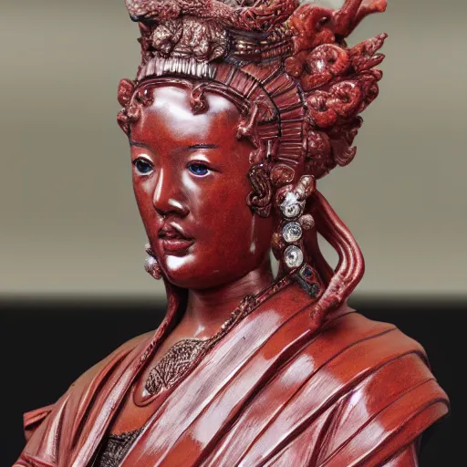 Image similar to museum angeline joile portrait statue monument made from chinese porcelain brush face hand painted with iron red dragons full - length very very detailed by rutkowski symmetrical well proportioned