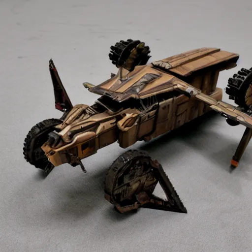 Prompt: a sci - fi flying speeder built out of scavenged parts.