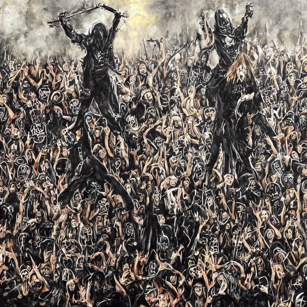 Prompt: a realistic painting of a black metal band performing at a childrens birthday party