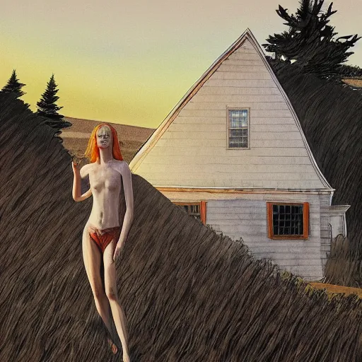 Image similar to Elle Fanning in the painted world of Akira, head and shoulders masterpiece, apocalypse, golden hour, cosmic horror, artstation, in the style of Andrew Wyeth and Edward Hopper and Bosch, extremely detailed