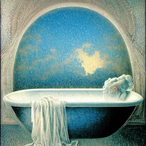 Prompt: Tuesday Weld in a bubble bath, iridescent soapy bubbles, white porcelain bathtub under a window with clouds in the sky through the window, by Jean Delville