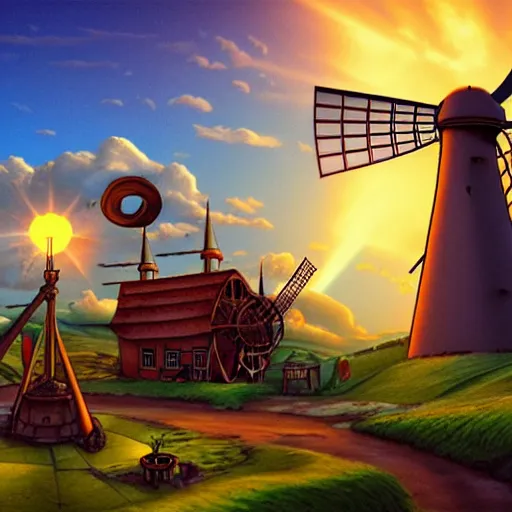 Image similar to discworld theme, linux, windmill, broken pipe, 3 d art, digital illustration, perfect lighting