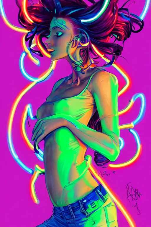 Image similar to a award winning full body portrait of a beautiful woman with stunning eyes in a one off shoulder croptop and cargo pants with rainbow colored hair, outlined by whirling illuminated neon lines and fine lines swirling in circles by jesper ejsing and rhads and makoto and shinkai and lois van baarle, digital art, trending on artstation