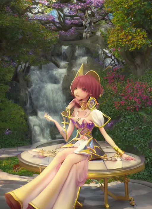 Image similar to a pleasant, beautiful, funny, smooth 3D CG render, semirealistic anime style, a noblepriestess magician girl wearing dress and jewelry, in a glorious magic kingdom, relaxing calm vibes, fairytale