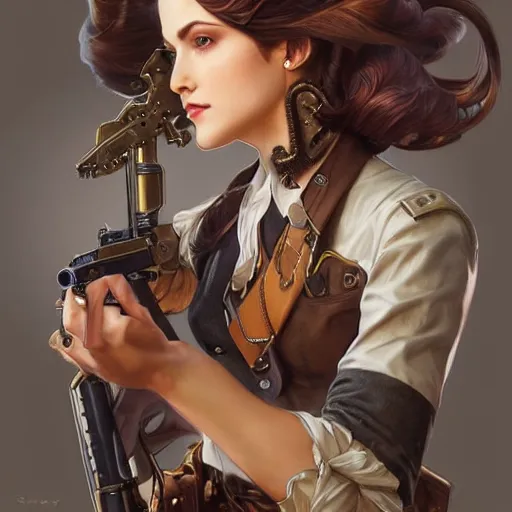 Image similar to Three quarters portrait of a beautiful steampunk female holding gun, highly detailed, digital painting, art by Stanley Lau and Artgerm and magali villeneuve and Alphonse Mucha, artstation, octane render, cgsociety