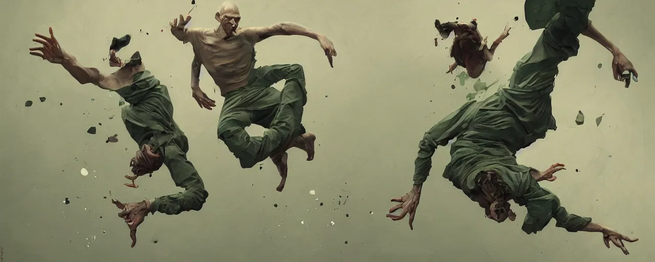 Image similar to duotone olive green grey illustration 3 / 4 portrait of gollum breakdancing. dynamic chaotic composition accidental renaissance golden ratio. by sachin teng and sergey kolesov and ruan jia and heng z. graffiti art, scifi, fantasy, hyper detailed. octane render. concept art. trending on artstation