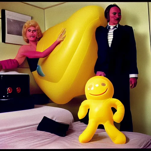 Image similar to bored housewife meets a smiley inflatable toy in a seedy motel room, 1982 color Fellini film, ugly motel room with bad art on the dirty walls, archival footage, technicolor film, 16mm, live action, John Waters, wacky children's tv campy comedy