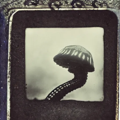 Prompt: tintype photo, lochness monster, underwater, jellyfish