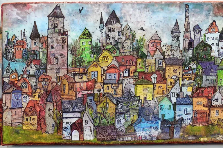 Image similar to a small fantasy town, mixed media on canvas, 2 d, whimsical,