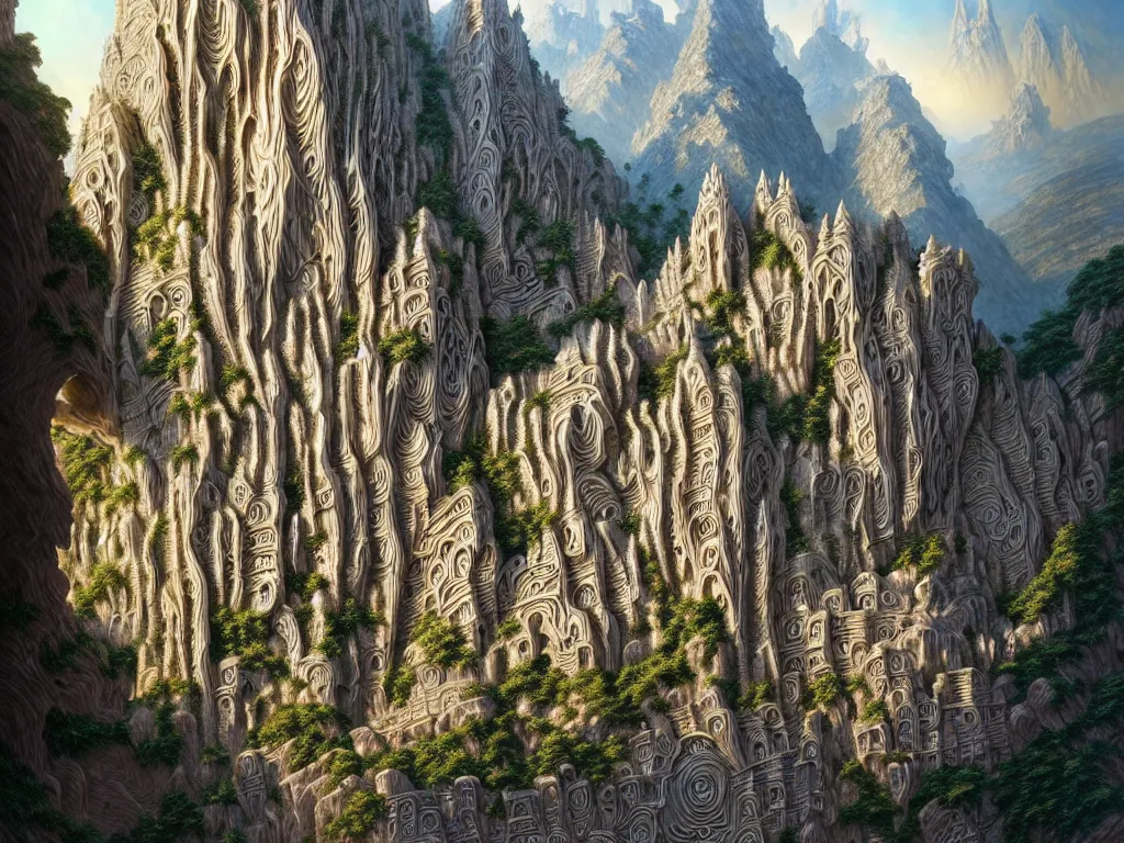 Image similar to ultra detailed, fractal cityscape carved into mountain wall, intricate details, elegant, super highly detailed, professional digital painting, artstation, concept art, smooth, sharp focus, no blur, no dof, extreme illustration, Unreal Engine 5, Photorealism, 8k, cinematic, art by artgerm and greg rutkowski and alphonse mucha and loish and WLOP