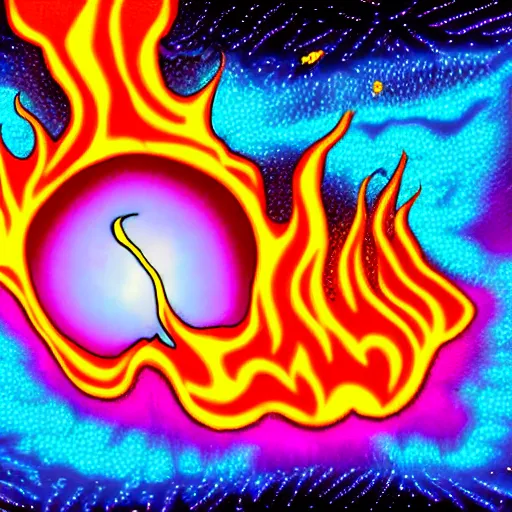 Prompt: psychedelic trippy couch engulfed in flames in space, planets, milky way, sofa, cartoon