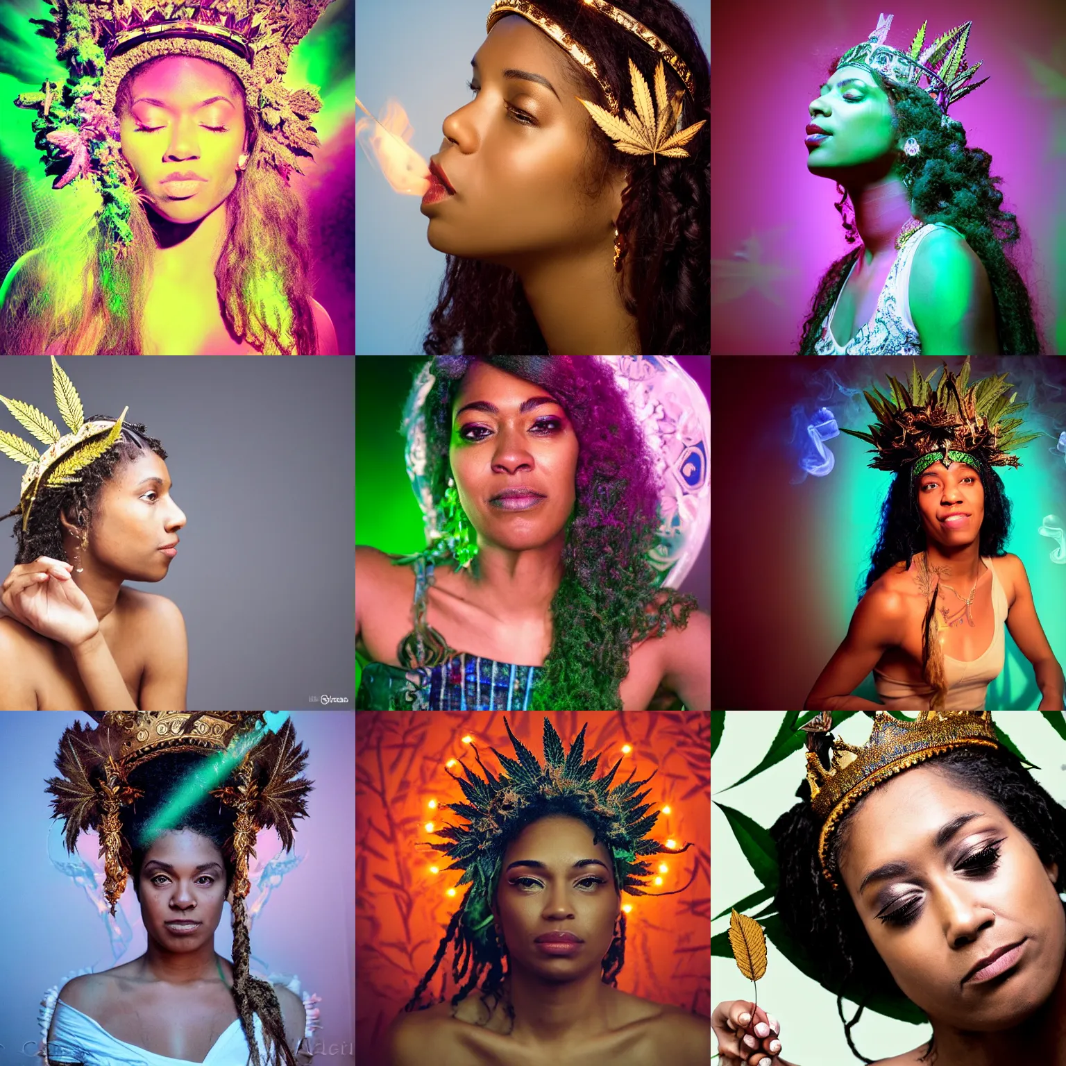 Prompt: vanessa alexander as a goddess of smoking weed, crown on head with marihuana leaf, shot from professional camera, ultra realistic, beatiful lights