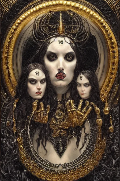 Image similar to hyper realistic painting portrait of the black metal queen, occult diagram, elaborate details, detailed face, intrincate ornaments, gold decoration, occult art, oil painting, art noveau, in the style of roberto ferri, gustav moreau, jean delville, bussiere, andrew gonzalez