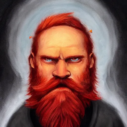 Image similar to grumpy red haired man with red beard, wearing black coat, fire behind him, oil painting, fantasy artwork, fantastic artwork, 4 k, trending on artstation