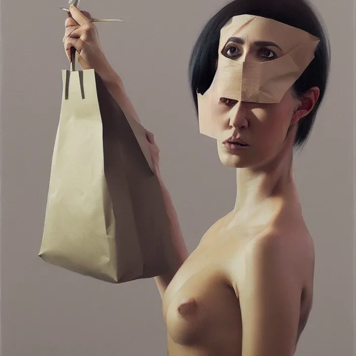 Image similar to woman portrait with a paper bag over the head and a sward, highly detailed, artstation, art by ilya kuvshinov, zdislav beksinski, wayne barlowe, edward hopper