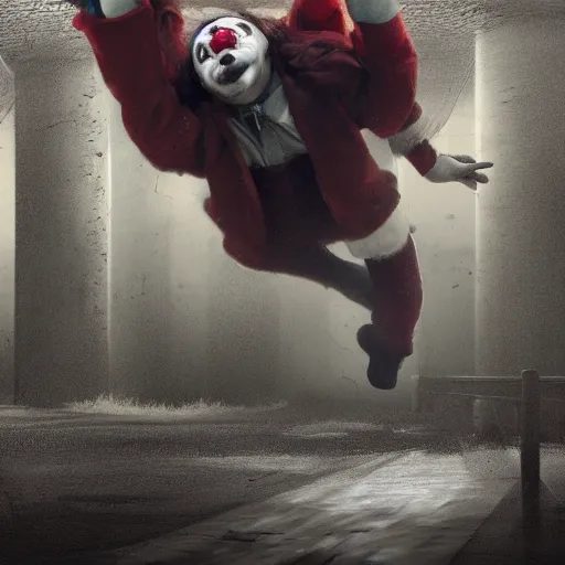 Image similar to clown falling from under a bridge, concept art, artstation, realistic photo, dark, highly detailed, 4 k