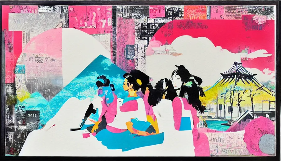 Prompt: Japan travel and adventure, minimalist negative space white acrylic base coat, mixed media collage painting by Jules Julien, Leslie David and Lisa Frank, muted colors with minimalism, neon color mixed collage cutout details