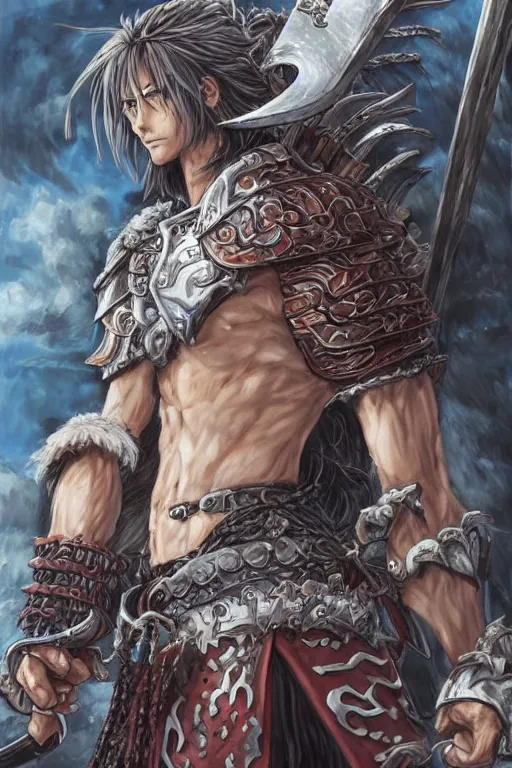 Image similar to A realistic anime portrait of a young handsome male barbarian with long wild hair, intricate fantasy spear, plated armor, D&D, dungeons and dragons, tabletop role playing game, rpg, jrpg, digital painting, by Ayami Kojima and Yusuke Murata and Kentaro Miura, concept art, highly detailed, promotional art, HD, digtial painting, trending on ArtStation, golden ratio, rule of thirds, SFW version