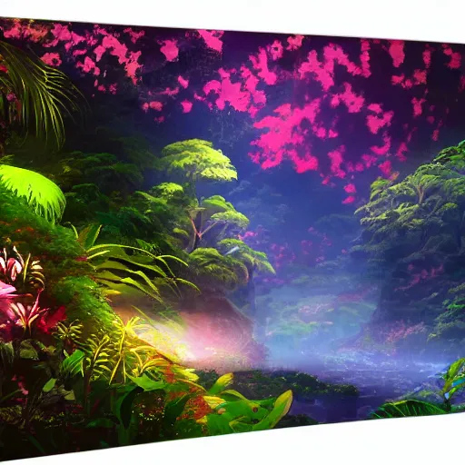Image similar to Intricate nebula river running through a dense jungle of tropical flowers and fire flies in the style of makoto shinkai