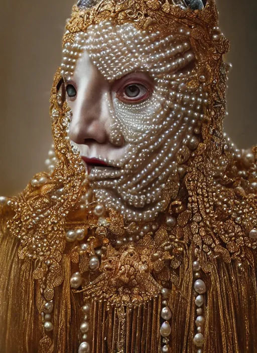 Image similar to hyperrealism, detailed textures, award winning autochrome pearl portrait photo, symetrical japanese pearl old screaming medusa queen autochrome pearl portrait, pearl silverplate, intricate, detailed facial pearl scary animal mask, pearl, golden jewelery, silverplate, ultra realistic, cinematic, intricate, cinematic light by steve mccurry, unreal engine 8 k