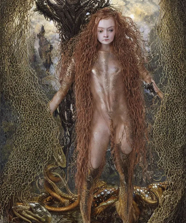 Prompt: a portrait photograph of sadie sink as a strong alien harpy queen with amphibian skin. she is dressed in a silver lace shiny metal slimy organic membrane catsuit and transforming into a snake antilope. by donato giancola, walton ford, ernst haeckel, peter mohrbacher, hr giger. 8 k, cgsociety, fashion editorial