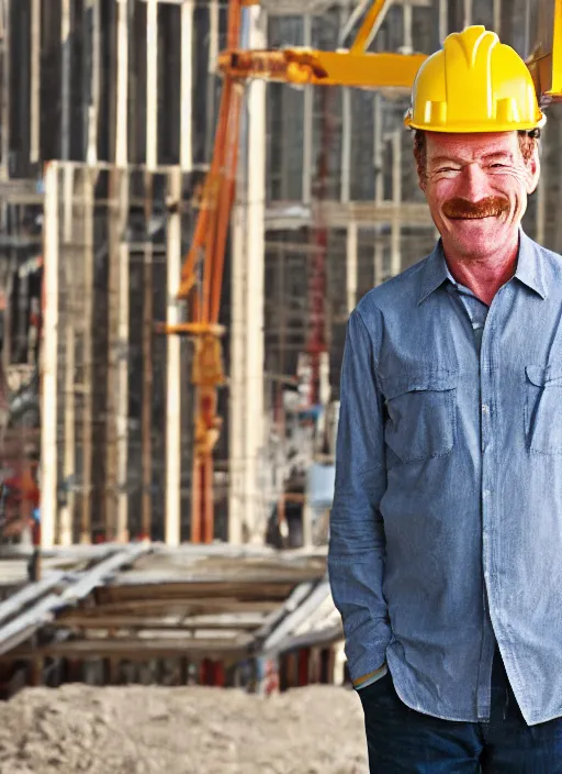 Image similar to closeup portrait of cheerful bryan cranston with a long crane neck, construction, yellow hardhat, sitting in a crane, natural light, bloom, detailed face, magazine, press, photo, steve mccurry, david lazar, canon, nikon, focus