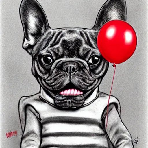 Prompt: surrealism grunge cartoon portrait sketch of a french bulldog with a wide smile and a red balloon by - michael karcz, loony toons style, pennywise style, chucky style, horror theme, detailed, elegant, intricate