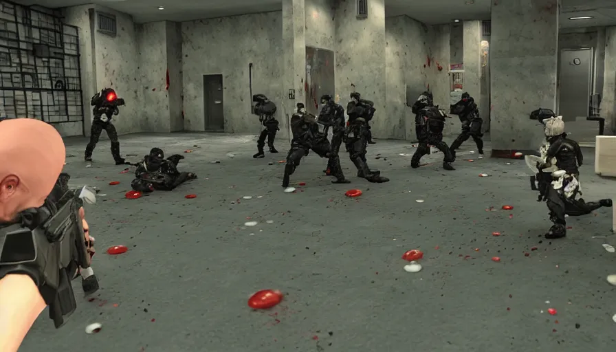Image similar to 1994 Video Game Deathcam Screenshot, Anime Neo-tokyo Cyborg bank robbers vs police, Set inside of the Bank Lobby, Multiplayer set-piece in bank lobby, Tactical Squad :9, Police officers under heavy fire, Police Calling for back up, Bullet Holes and Blood Splatter, :6 Gas Grenades, Riot Shields, Large Caliber Sniper Fire, Chaos, Anime Cyberpunk, Anime Bullet VFX, Machine Gun Fire, Violent Gun Action, Shootout, :7 Inspired by Escape From Tarkov + Intruder + Payday 2 :9 by Katsuhiro Otomo: 9