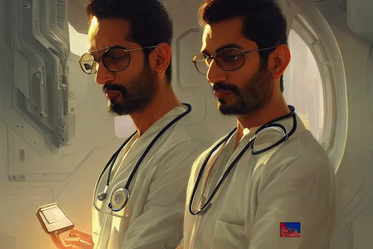 Image similar to Sensual good looking pale young Indian doctors wearing Deus Ex clothing in a space station above Earth, portrait, elegant, intricate, digital painting, artstation, concept art, smooth, sharp focus, illustration, art by artgerm and greg rutkowski and alphonse mucha