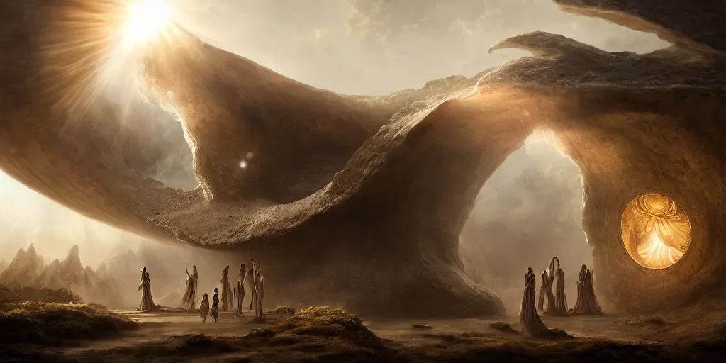 Image similar to a majestic photograph hiperrealistc of the entrance kingdom of agharta, land of advanced races, giant, hollow earth infographic, illustrations, a big shell with a sun in the interior, dynamic lighting, fantastically beautiful, aesthetically inspired by monia merlo, trending on artstation, art by odd nerdrum, 8 k, upscale