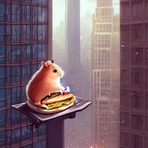 Image similar to a hamster eating a hamburger on a tall building,Character design by charlie bowater, ross tran, artgerm, and makoto shinkai, detailed, inked, western comic book art, 2021 award winning painting,digital art,ultra realistic,ultra detailed,art by greg rutkowski,photorealistic,hyperdetailed,detailed face