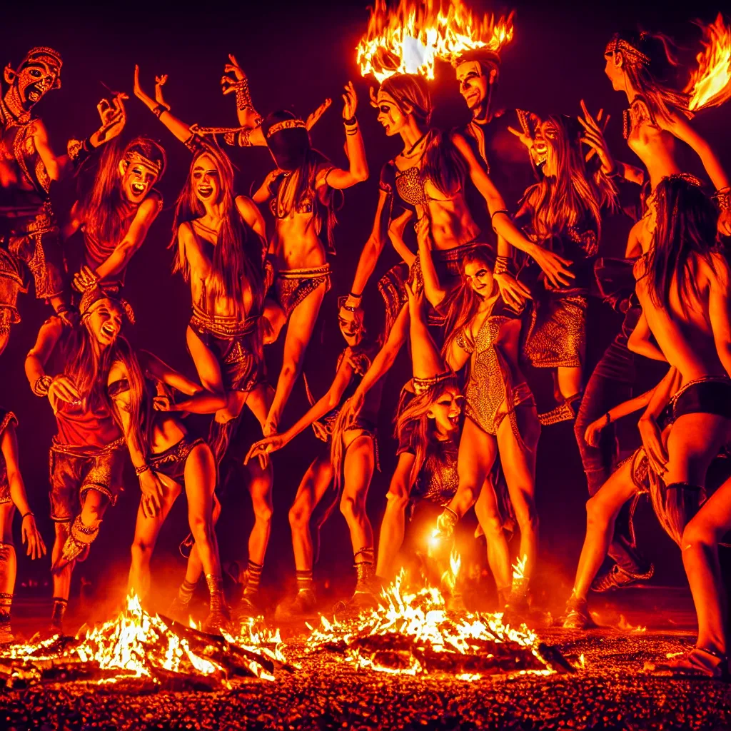 Image similar to portrait of ravers in friendly costumes with detailed faces, dancing around a fire, photorealistic, octane render, dancefloor kismet, diverse costumes, clean composition, desert transition area, bonfire, night, australian desert, zaha hadid, xf iq 4, symmetry, sony a 7 r, 1 5 0 mp, 5 0 mm